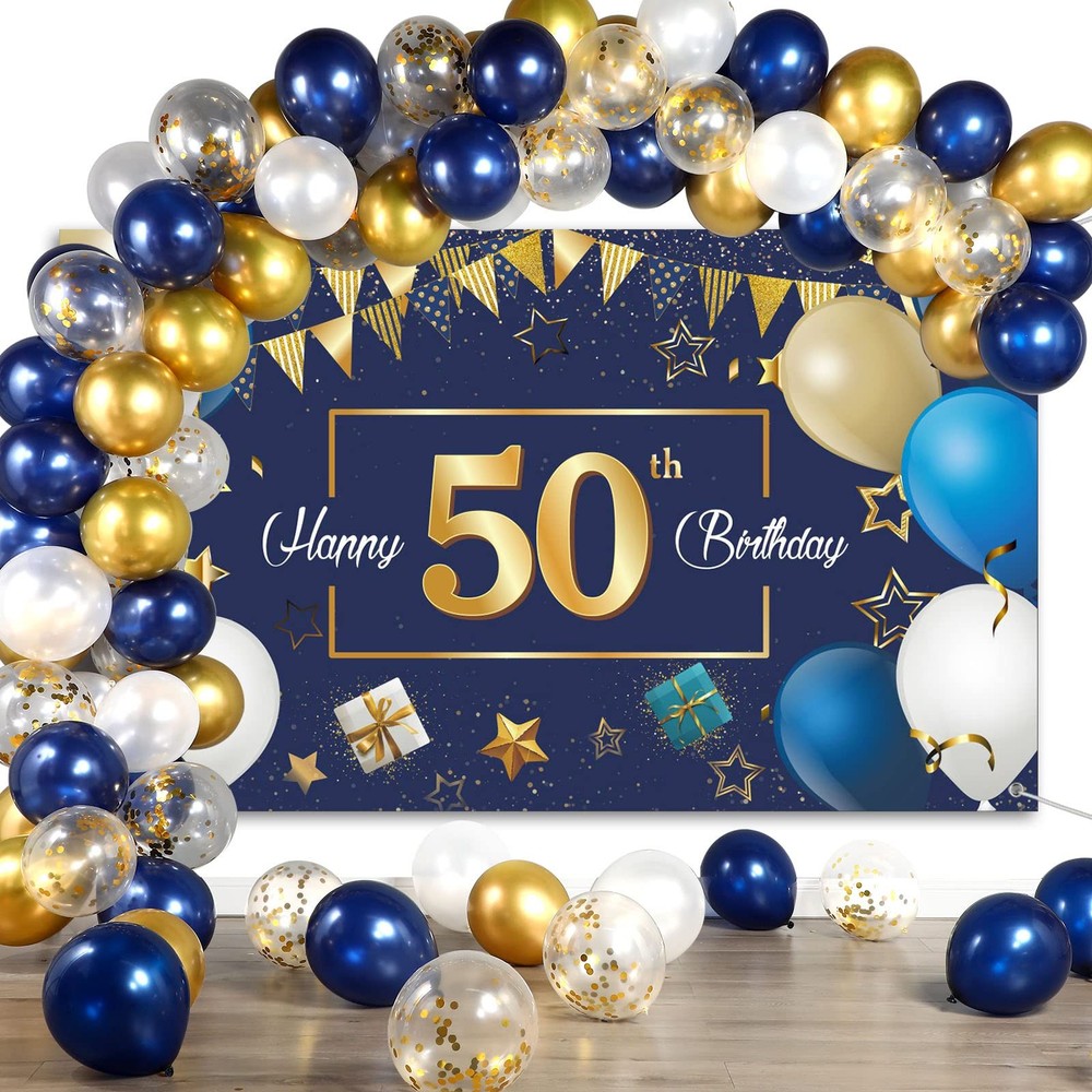 Navy Blue 50th Happy Party Decorations Blue and Gold 50 Photography Backdrop …
