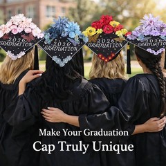 Graduation Cap Decorations Kit, 18PCS Artificial Silk Flowers with 3D Gold Butte