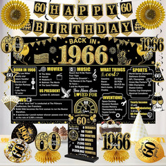 60Th Birthday Decorations Kit for Men Women, Black Gold 24PCS Back in 1966 Banne