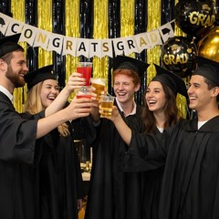 Graduation Decorations Backdrop Banner 2026 Black Gold Foil Fringe Curtain Pa…