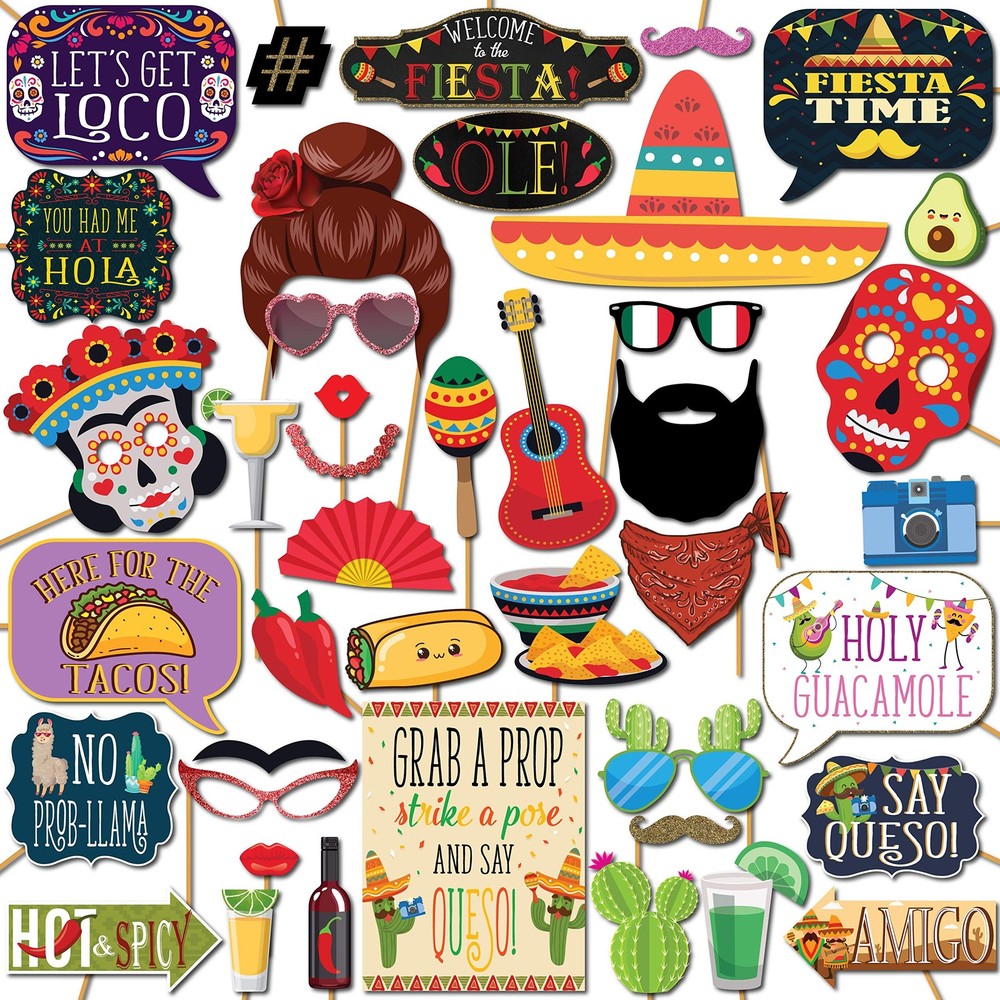 Fiesta Photo Booth Props – 41-pc Photobooth Kit with 8 x 10-Inch Sign, 60 Adh…