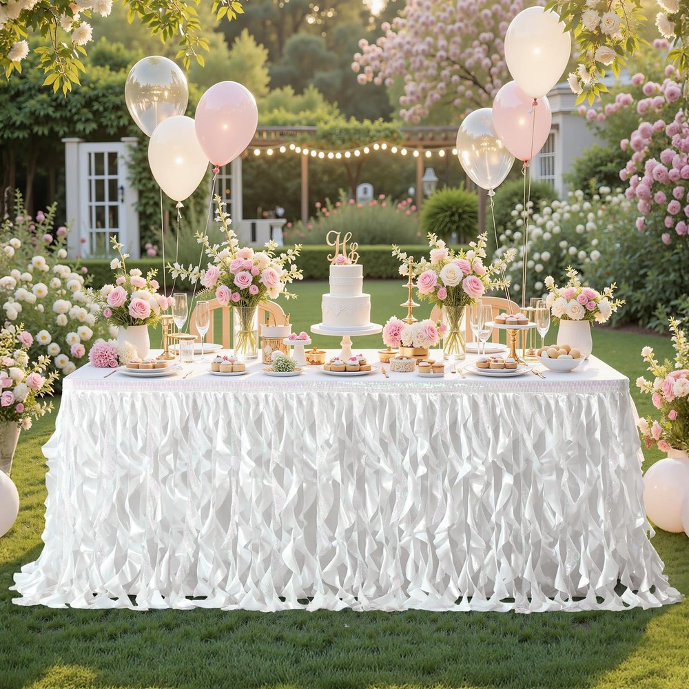 6ft White Sequin Table Skirt for Rectangle Tables Glitter Curly Willow Tutu S…