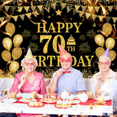 70th Birthday Decorations Happy 70th Birthday Banner for Men Women Black Gold 70
