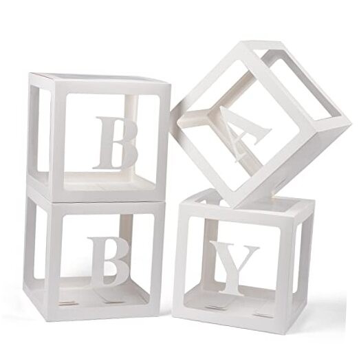 Baby Boxes with Letters, 4 Transparent Balloon for Gender Reveal White