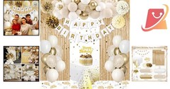 Gold & White Birthday Decorations Kit Balloons Banner Tablecloth Confetti