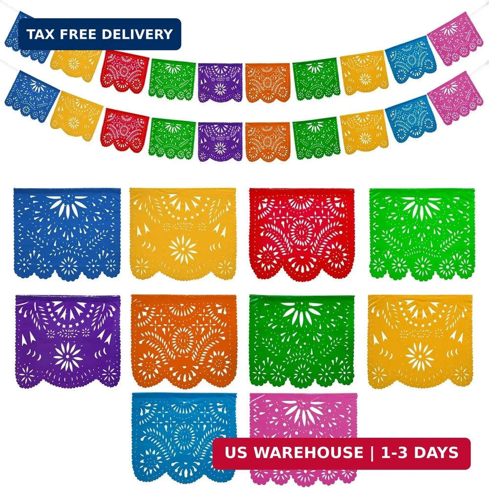 Mexican Party Banners (2 Pack with 10 Plastic Flags per Banner) – Papel Picado M