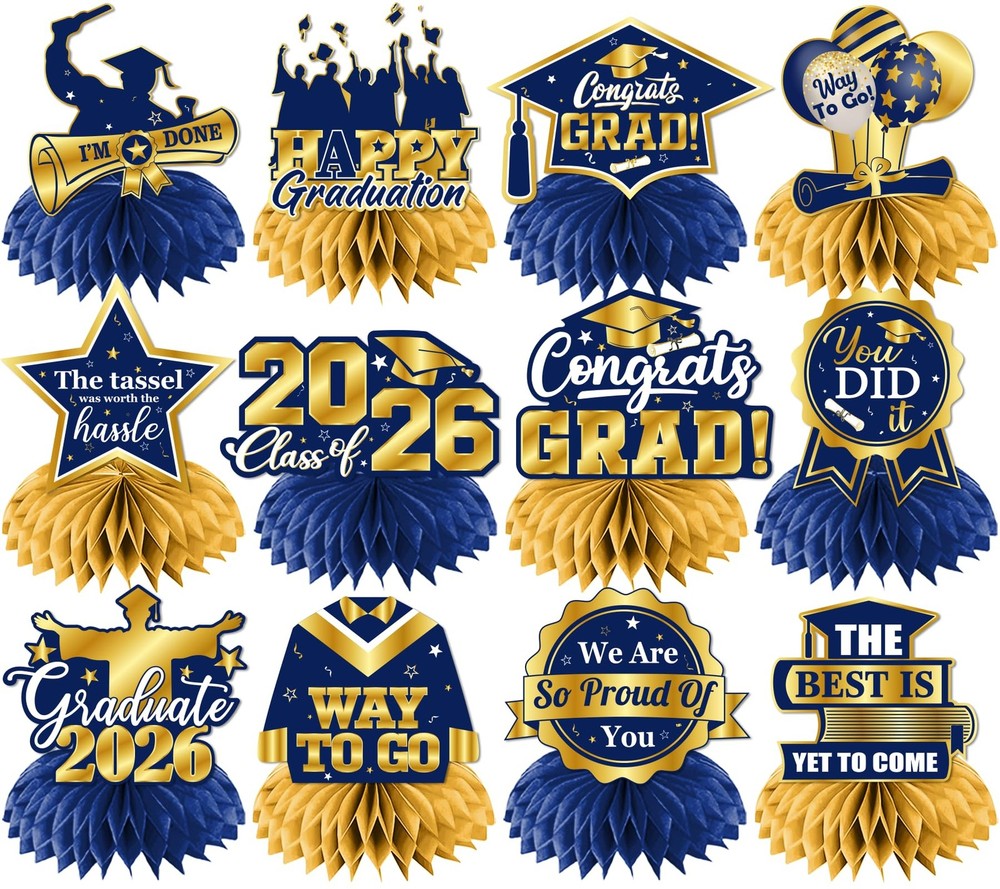 12Pcs Graduation Table Decorations 2026,Navy Blue and Gold Graduation Decorat…