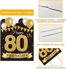 Large Happy 80Th Birthday Party Yard Sign Black Gold 80 Birthday Yard Signs with