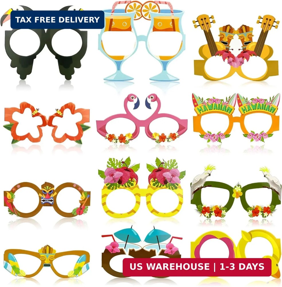 Pool Party Decorations – 12 PCS Hawaiian Theme Paper Eyeglasses for Tropical Bea