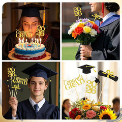 16 Pcs Black Gold Graduation Centerpiece Sticks, Double-Sided Graduation Decorat