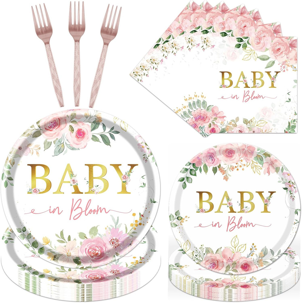 Baby in Bloom Baby Shower Decorations, 96PCS Spring Floral Party Plates Napkins