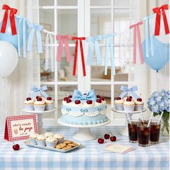 Cherry Blue Gingham Bow Garland, White Lace and Red Blue Gingham Bow Garland Ri