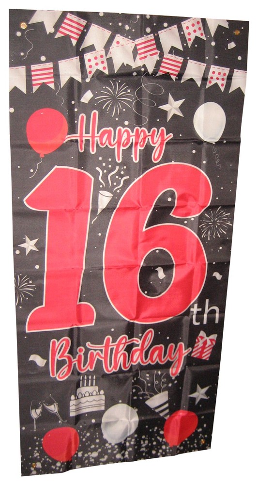 Happy Birthday Celebration 16 Black & Red Banner – (57 x 27 Inches)