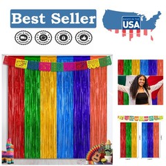Colorful Fiesta Decorations: 2 Mexican Fringe Curtains – Metallic Foil Backdrop