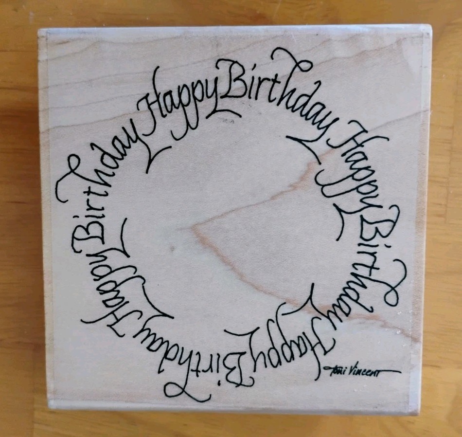 Stamp La Jolla Craft Art Rubber Stamps M401-TV Happy Birthday Circle Used Once
