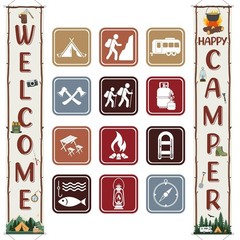14Pcs Camping Party Decorations Set Welcome Happy Camper Porch Banner Sign Su…