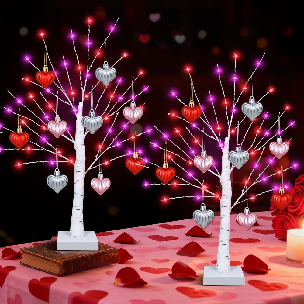 2 PCS Timer Valentines Decorations 24 Inch Tree 65 Lights 18 Hearts Battery
