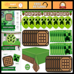 Minecraft Birthday Party Supplies – Decorations for 16 | Balloons, Banner, Plate