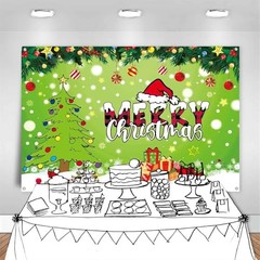 Merry Christmas Backdrop Banner – Green Cartoon Theme – 8x6ft – Christmas Party