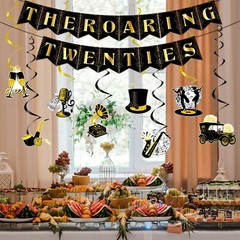 Roaring 20s Party Decorations – 10Pcs Pre-Strung 1920’s Vintage Banner Set Bl…