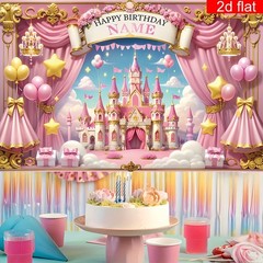 2D Flat Banner Customizable Name Age Princess Birthday Party Banner Backdrop ◐