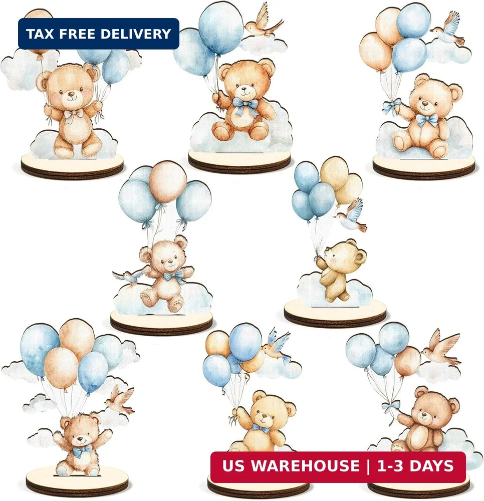 16 Pcs Wooden Baby Shower Table Centerpiece Blue Bear Tabletop Detachable Sign I
