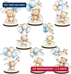 16 Pcs Wooden Baby Shower Table Centerpiece Blue Bear Tabletop Detachable Sign I