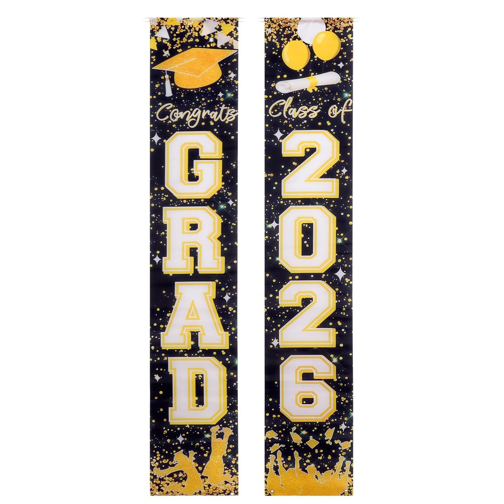 Blcak & Gold Graduation Decorations 2026 – 2 Pack Large Hanging Banners “Clas…