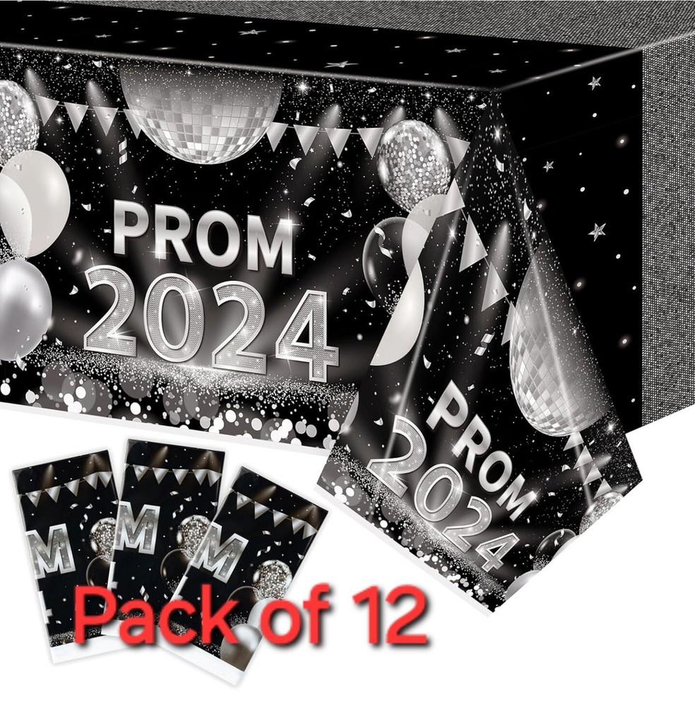 Prom 2024 Graduation Tablecloths Black/Silver (108″×54″) (Pack of 12)