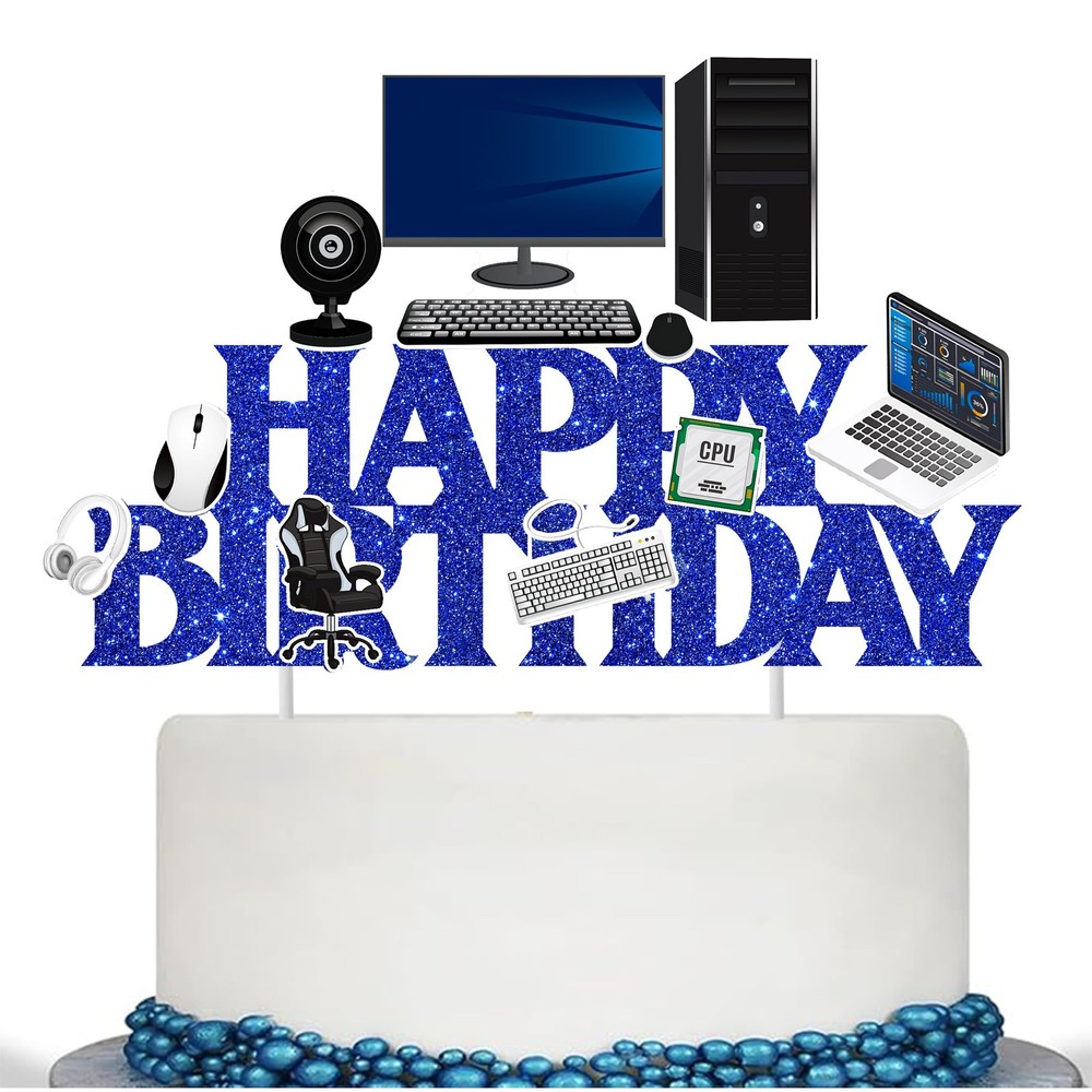 Blue Happy Birthday Computer Intelligence Theme Cake Topper Decoration