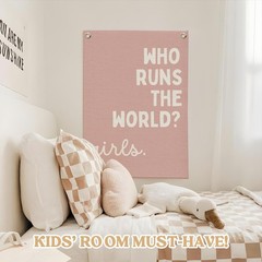 Girls Room Decor for Nursery Decor Linen Canvas Banner,Pink Who Runs The Worl…