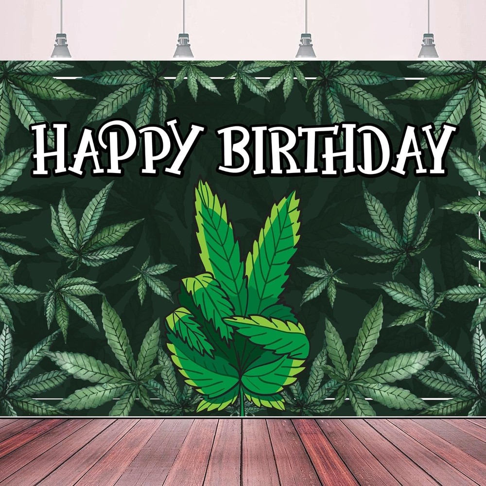 Happy Birthday Backdrop Banner Cool Green Plant Leaves Flag Favors Wall Hangi…