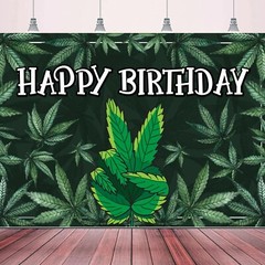 Happy Birthday Backdrop Banner Cool Green Plant Leaves Flag Favors Wall Hangi…