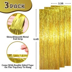 3 Pack 3.3 x 6.6 ft Gold Foil Fringe Backdrop Curtains, Tinsel Streamers Part…