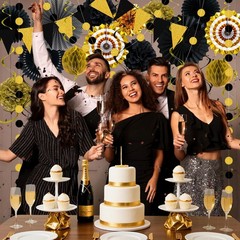 24 Pcs Black and Gold Party Decorations, Paper Fans Pom Poms Garland Decor | …