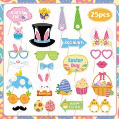 Happy Easter Photo Booth Props, 25pcs Easter Photo Props with Easter Photo Frame