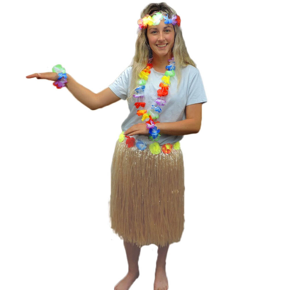 Costume Set Hawaiian Grass Skirt With Flower Lei, Headband & Wristlets 5 Pc Set