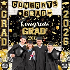2026 Graduation Party Supplies Set – Black Gold Decor, Backdrop, Banner, Balloon