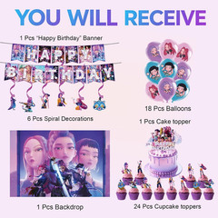 51 Pcs Cute Cartoon Birthday Decorations, Demon Anime Hunter Birthday Party Deco