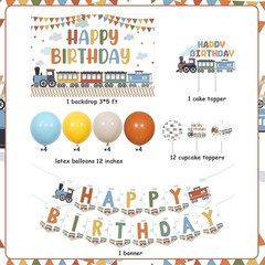Train Theme Birthday Decorations, Steam Train Happy Birthday Backdrop Banner Sig