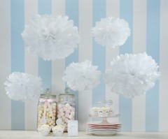 White Tissue Paper Pom Poms, Party Decorations x 5