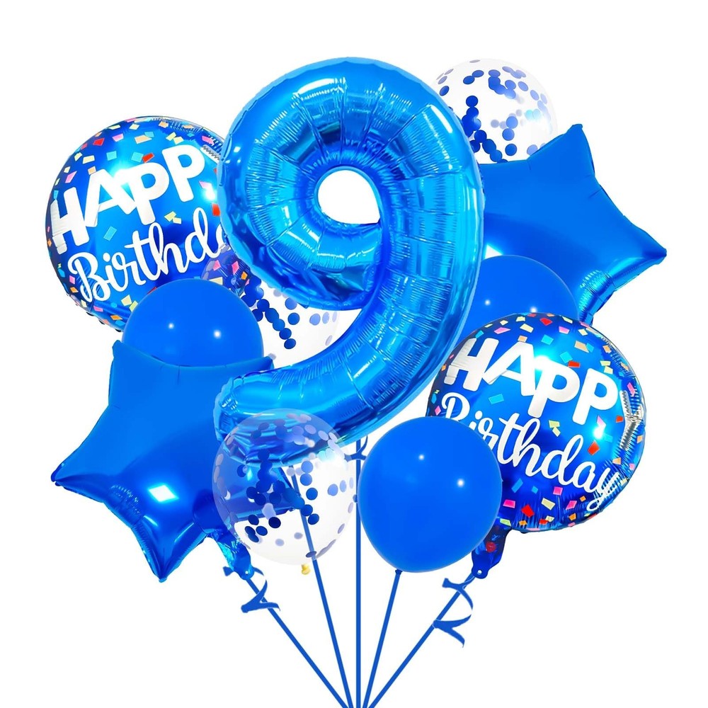 9 Balloon Number, Dark Blue Balloon, Blue Confetti Latex Balloon Foil 9 Birth…