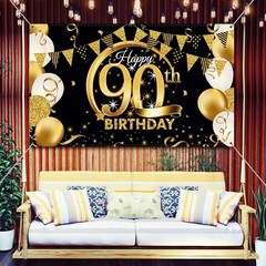 90th Birthday Party Decoration Extra Large Fabric Black Gold Sign Polyester