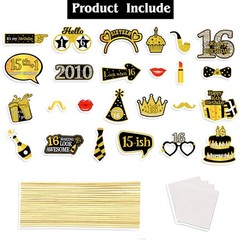 16th Birthday Photo Booth Prop Kit Black Gold Cheers To Sixteen Party Decor