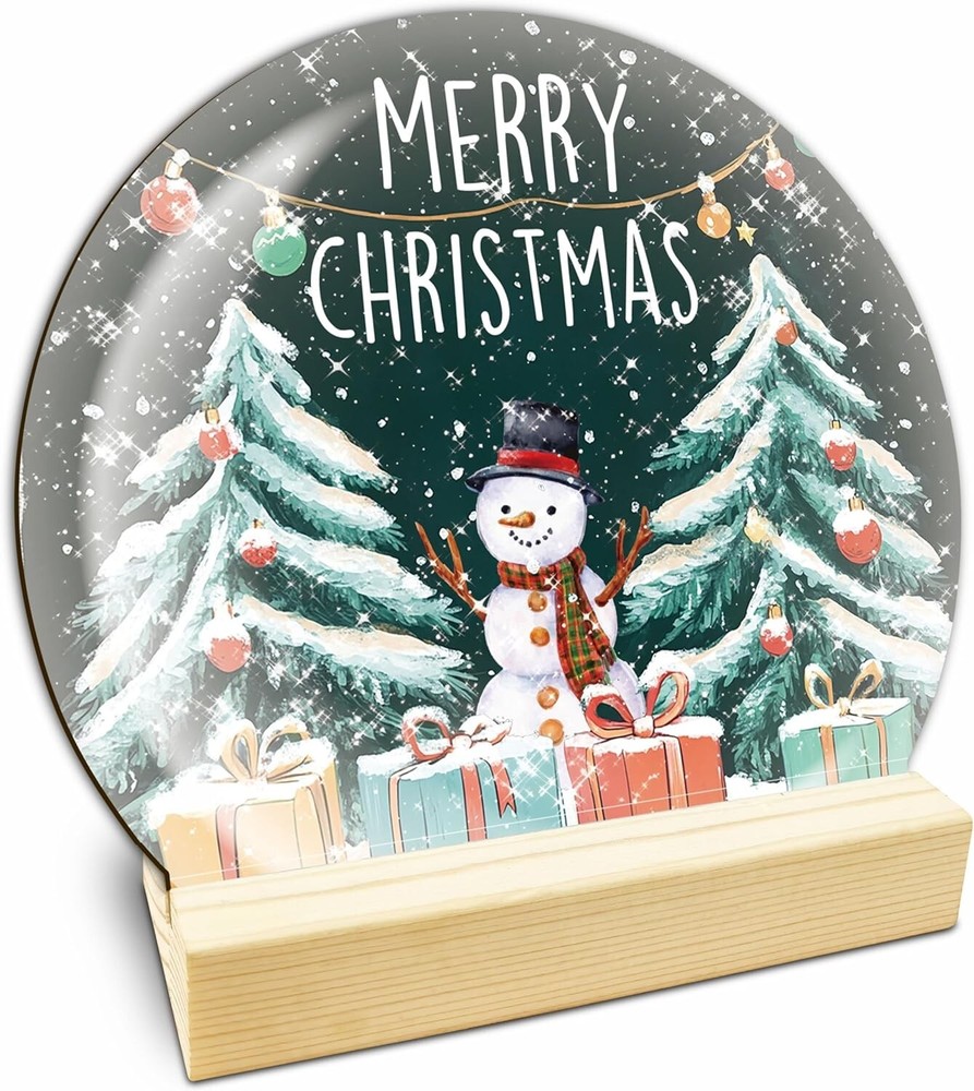 Christmas Snowman Table Wooden Decor – Merry Christmas Crystal Ball Plaque With