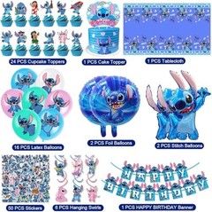 103PCS Stitch Theme Party Supplies Set – Banner, Balloons, Stickers, Cake Topper