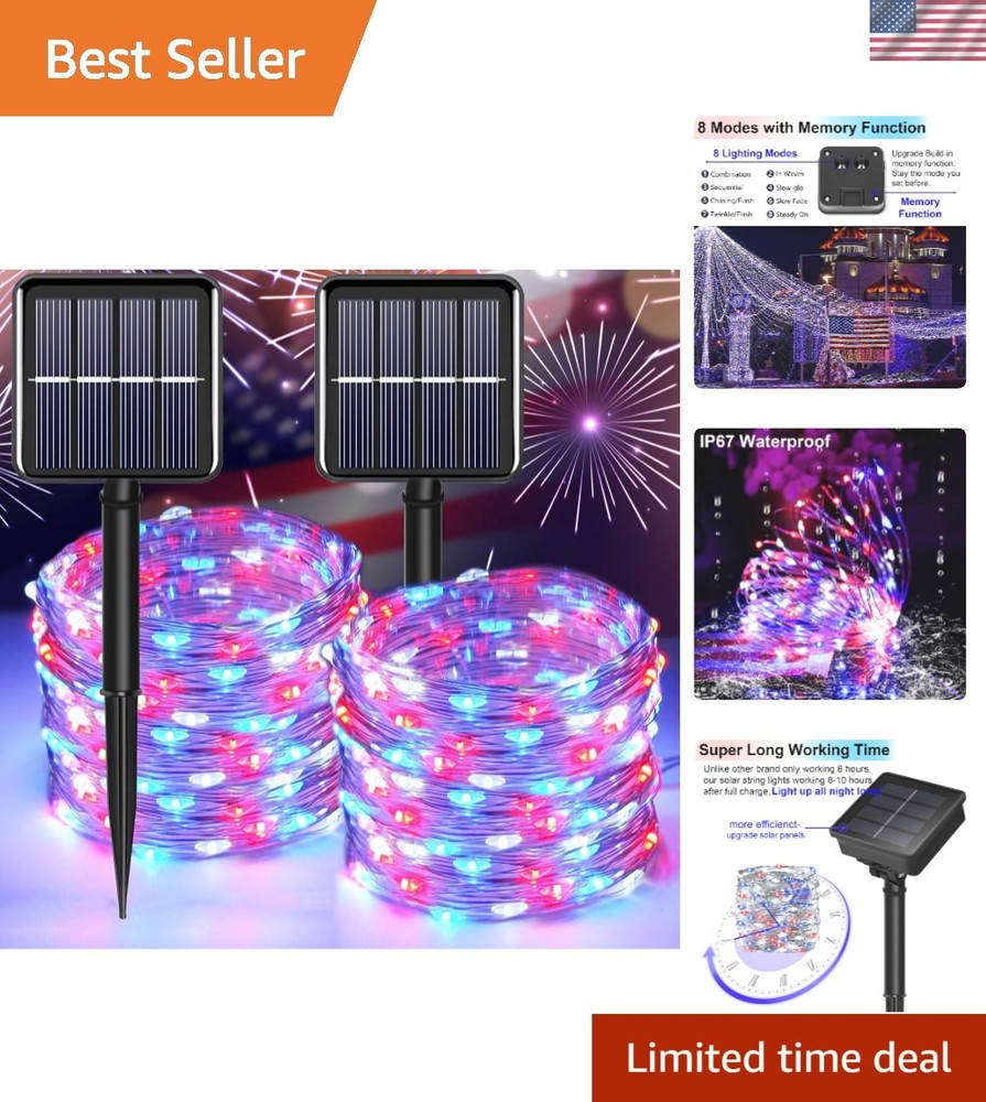 Flexible 66FT Solar Powered String Lights – Red White Blue Outdoor Décor