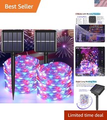 Flexible 66FT Solar Powered String Lights – Red White Blue Outdoor Décor