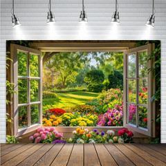 Flowers Spring Garden Window Photography Backdrop Birthday Background Banner