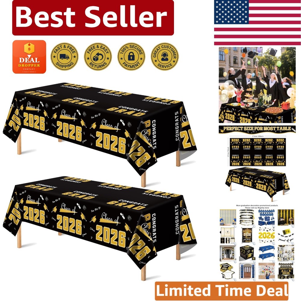 Celebrate Graduation 2026 with 2 Pack Elegant Black & Gold Tablecloth – 54″x108″
